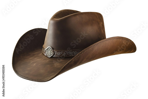 A brown leather cowboy hat with a silver concho and a brown leather band.