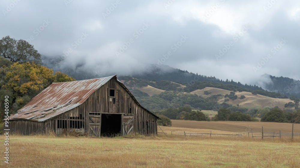 A rustic barn with a roof caving in, set against a backdrop of rolling hills and cloudy skies. A rustic barn with a roof caving in, set against a backdrop of rolling hills and cloudy skies.