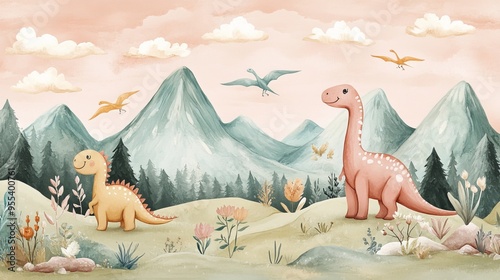 Adorable baby poster featuring playful dinosaurs amidst a serene mountain landscape in pastel hues. A whimsical hand-drawn illustration adds a touch of bohemian flair