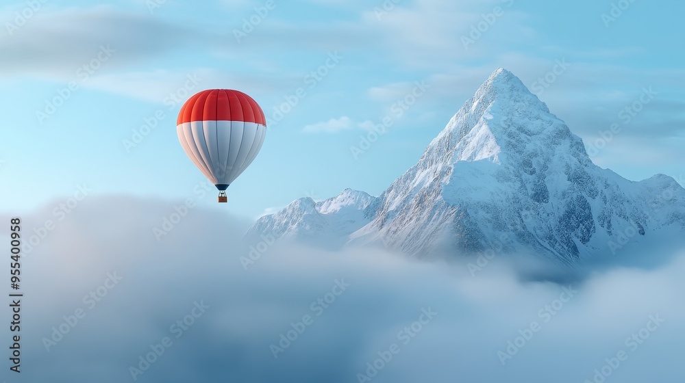A vibrant red and white hot air balloon ascends gracefully above a majestic snow-capped mountain peak, symbolizing ambition, freedom, exploration, and the pursuit of dreams. The clouds below evoke a s A vibrant red and white hot air balloon ascends gracefully above a majestic snow-capped mountain peak, symbolizing ambition, freedom, exploration, and the pursuit of dreams. The clouds below evoke a s