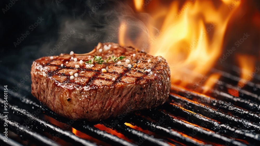 Delicious grilled steak with perfect sear, smoky flavor, and vibrant flames in the background. Ideal for food lovers.