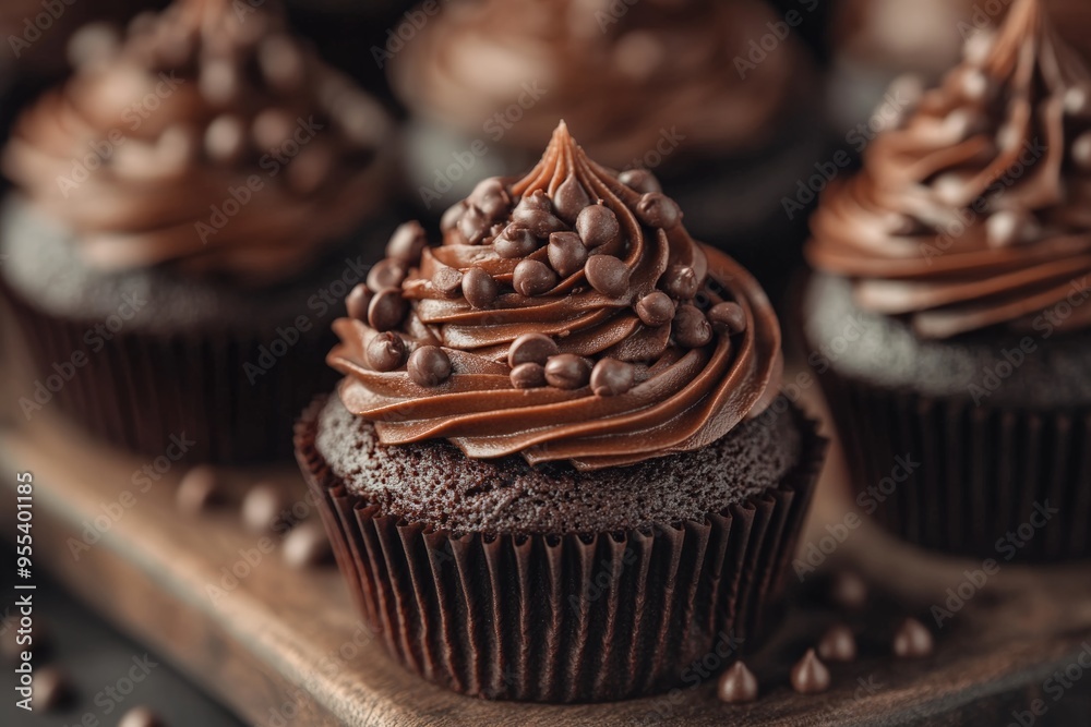 Chocolate cupcakes topped with swirls of chocolate frosting and garnished with a chocolate piece. Chocolate cupcakes topped with swirls of chocolate frosting and garnished with a chocolate piece.