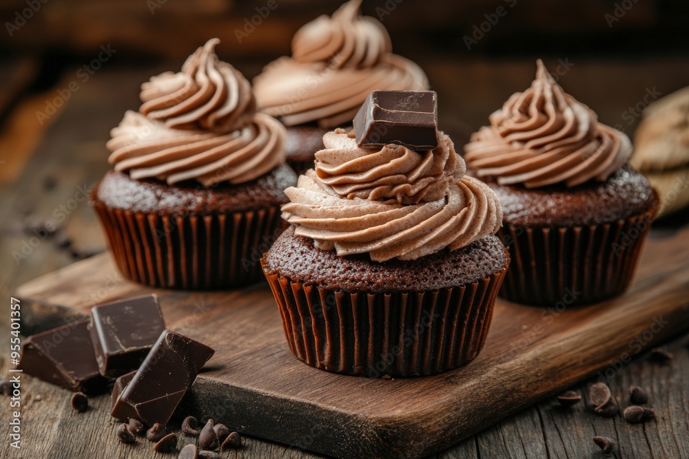 Chocolate cupcakes topped with swirls of chocolate frosting and garnished with a chocolate piece. Chocolate cupcakes topped with swirls of chocolate frosting and garnished with a chocolate piece.