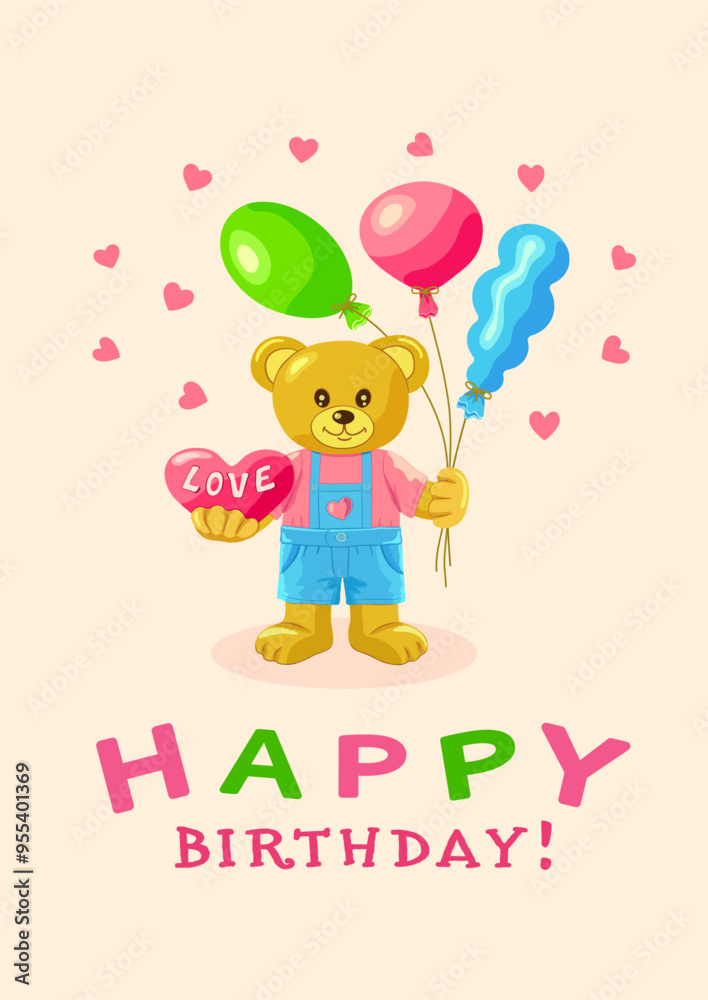 A cute bear cub in a blue jumpsuit and pink T-shirt holds a heart and colorful balloons in its paws and the inscription Happy Birthday to You pink vertical background with hearts. Vector illustration. A cute bear cub in a blue jumpsuit and pink T-shirt holds a heart and colorful balloons in its paws and the inscription Happy Birthday to You pink vertical background with hearts. Vector illustration.