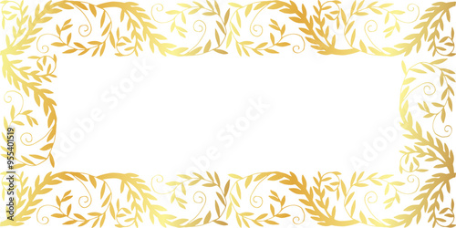 Golden frame. Frame with curls and branches with leaves. Hand drawing. Vector illustration.