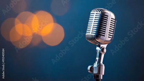 A vintage microphone stands against a blue background with orange and blue bokeh lights. It represents communication, performance, music, nostalgia, and recording.