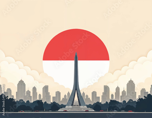 a poster with the national monument in Jakarta with indonesian flag in a circle on the cloudy sky