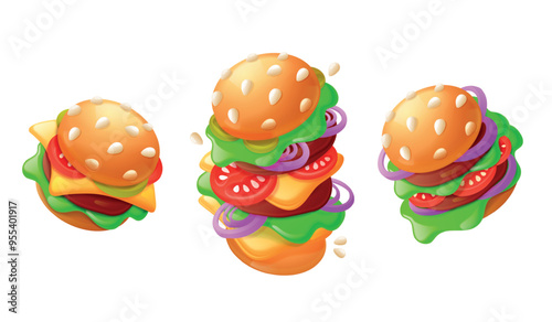 3d hamburgers. Burgers render for creative ad, tasty burger with cheese grilling onion bread, american hamburger or yummy cheeseburger fast food object, exact vector illustration