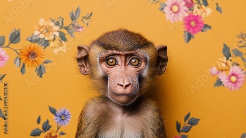 Little baby baboon in an African savannah photo