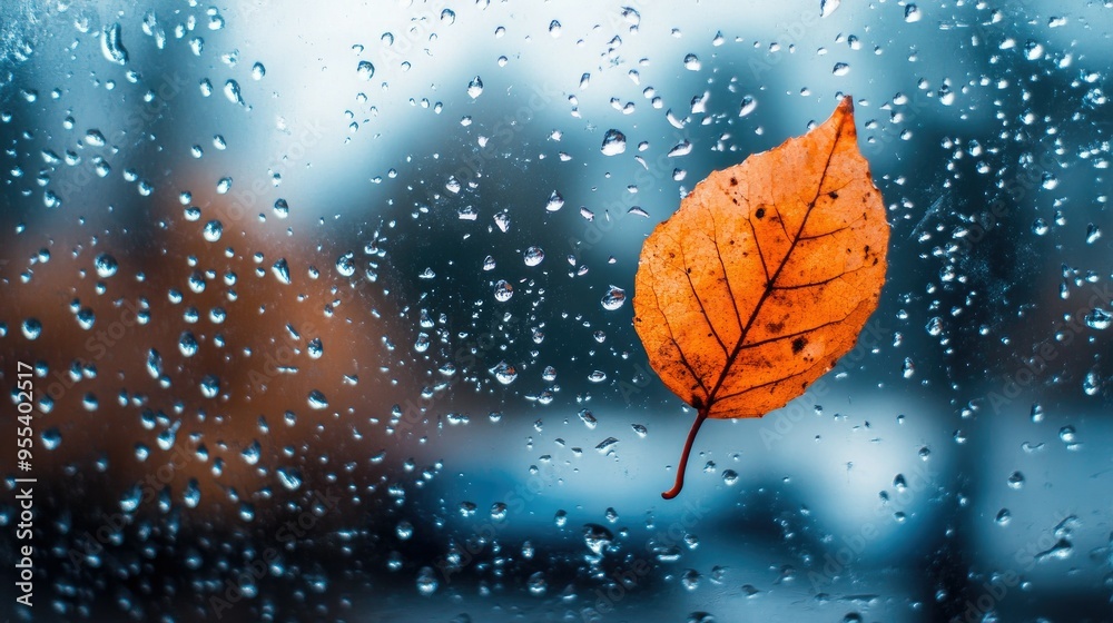 Close-up of an orange leaf on a glass surface, speckled with water droplets, against a blurred rainy backdrop. Close-up of an orange leaf on a glass surface, speckled with water droplets, against a blurred rainy backdrop.