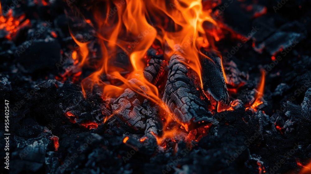 Close-up of blazing fire, with bright red and orange flames licking upwards against a dark, black backdrop. Close-up of blazing fire, with bright red and orange flames licking upwards against a dark, black backdrop.