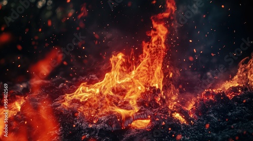 Close-up of blazing fire, with bright red and orange flames licking upwards against a dark, black backdrop.