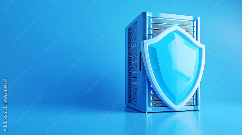 Digital server security concept featuring a server with a protective shield on a bright blue background representing data protection and cybersecurity. Digital server security concept featuring a server with a protective shield on a bright blue background representing data protection and cybersecurity.