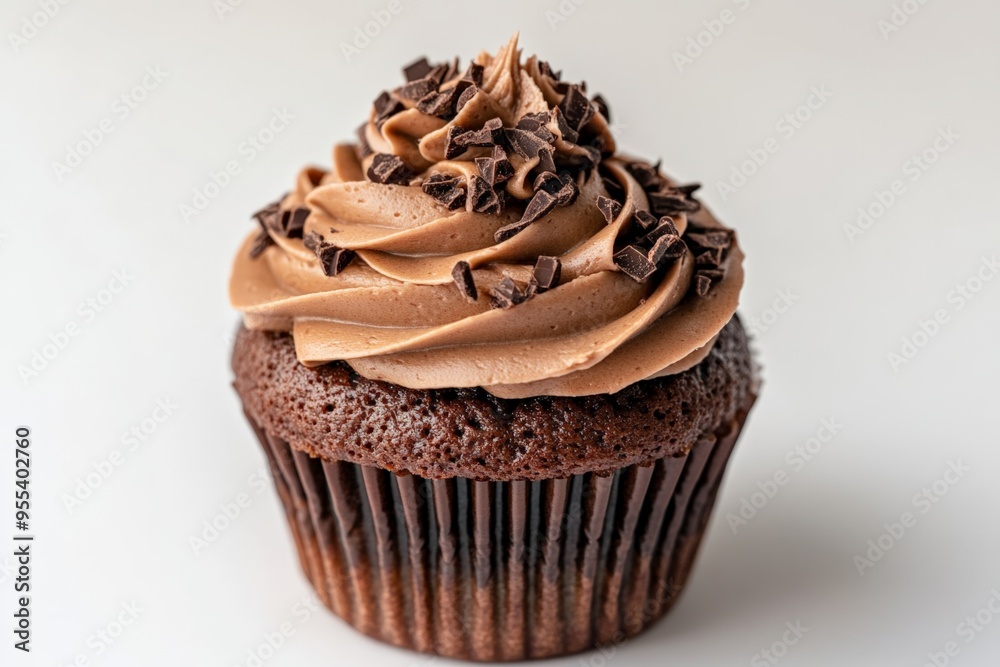 Chocolate cupcake topped with creamy frosting and chocolate shavings.