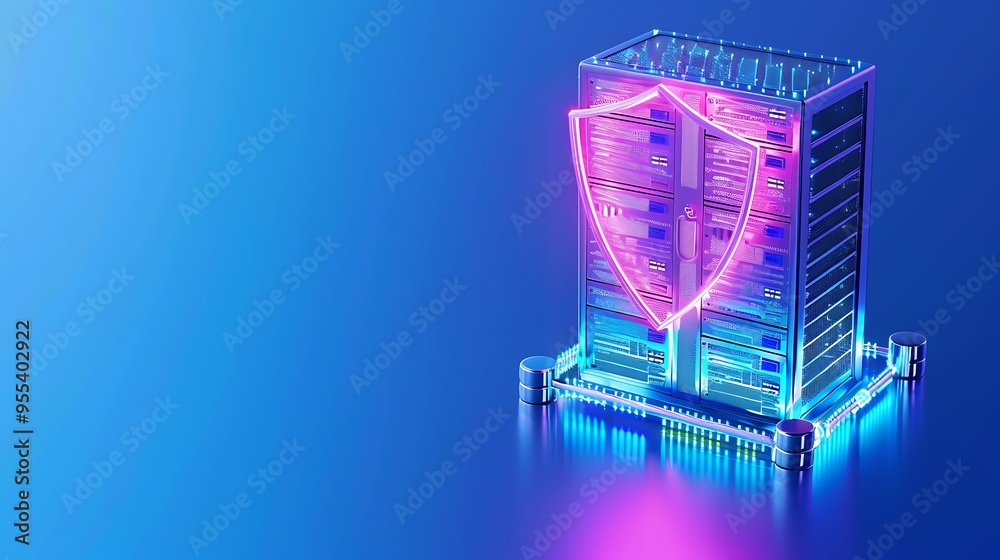Digital server with a glowing shield representing cybersecurity. High-tech environment illustrating data protection and online security. Digital server with a glowing shield representing cybersecurity. High-tech environment illustrating data protection and online security.