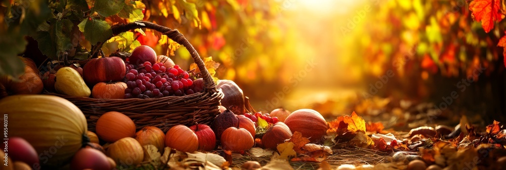 A wicker basket overflowing with the bounty of autumn sits nestled amidst vibrant fall foliage, bathed in warm sunlight. The scene symbolizes abundance, harvest, and the beauty of nature's transition A wicker basket overflowing with the bounty of autumn sits nestled amidst vibrant fall foliage, bathed in warm sunlight. The scene symbolizes abundance, harvest, and the beauty of nature's transition