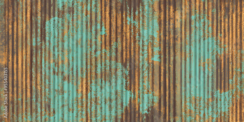 Seamless oxidized copper patina corrugated sheet metal grunge background texture. Vintage antique weathered and worn rusted bronze or brass abstract pattern. Orange brown and mint green 3D rendering. photo