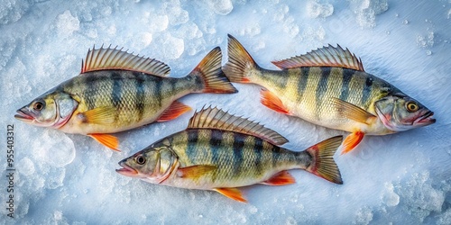 Winter fishing scene with three perch on the ice and fishing poles photo