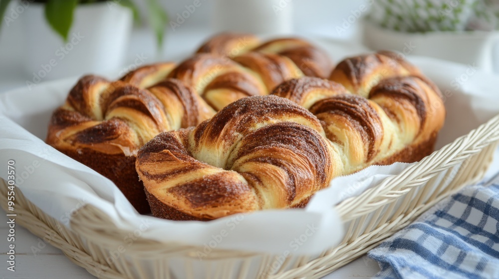 A tray of freshly baked cinnamon swirl bread, with layers of cinnamon sugar and butter twisted into a delicious spiral, perfect for toast. A tray of freshly baked cinnamon swirl bread, with layers of cinnamon sugar and butter twisted into a delicious spiral, perfect for toast.