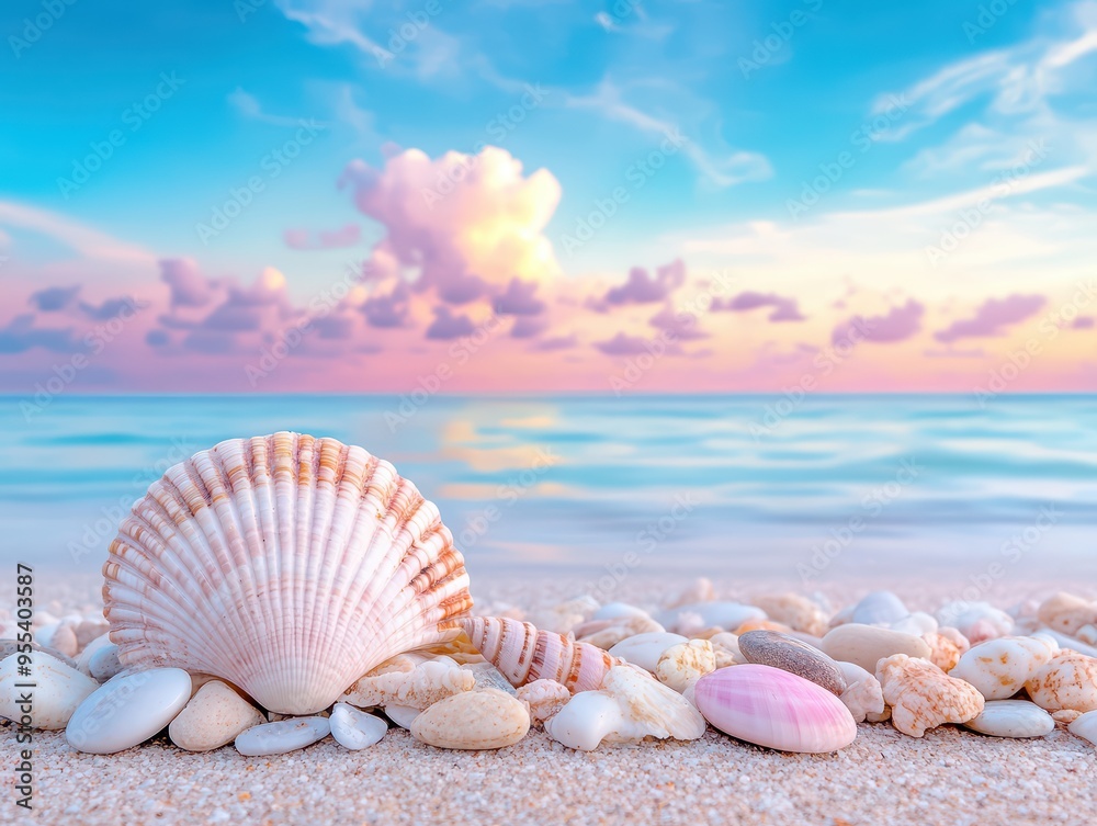 A serene beach scene featuring a beautiful shell and smooth pebbles under a stunning pastel sky at sunset. A serene beach scene featuring a beautiful shell and smooth pebbles under a stunning pastel sky at sunset.