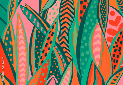 ESTAMPA, espada de São Jorge, textura, padrão, fundo, papel de parede, planta, floresta, natureza, colorido, alegre, tropical, folhas, Amazônia, tribal, rótulo, embalagem, pintura, ilustração, arte photo