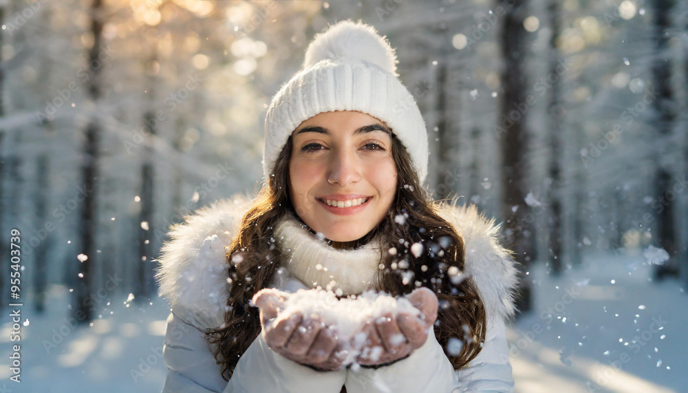 A joyful young woman in warm winter clothes holds snow in her hands, smiling in a snowy forest landscape with sunlight filtering through trees A joyful young woman in warm winter clothes holds snow in her hands, smiling in a snowy forest landscape with sunlight filtering through trees