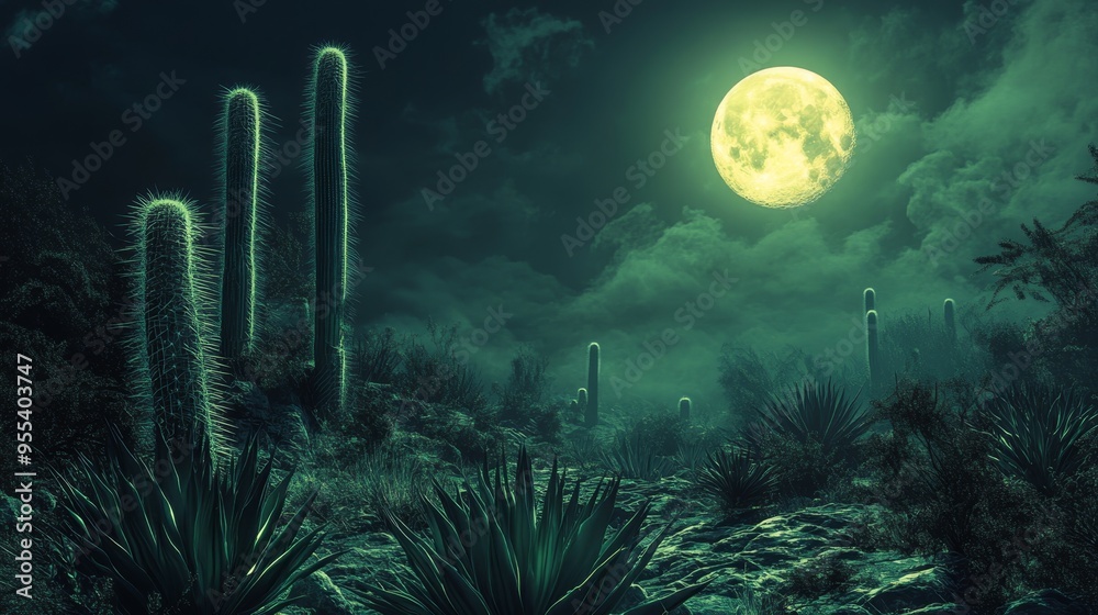 Obraz premium Ethereal moonlit landscape featuring glowing Mammillaria cacti in a surreal environment