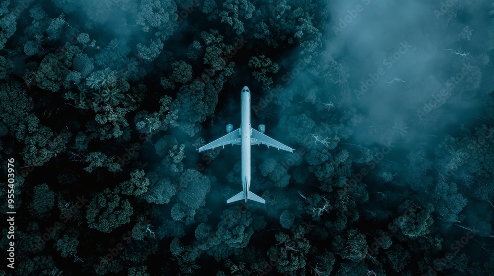 Fototapeta premium Innovative biofuel concept a white airplane soaring over lush green trees in a misty rainforest