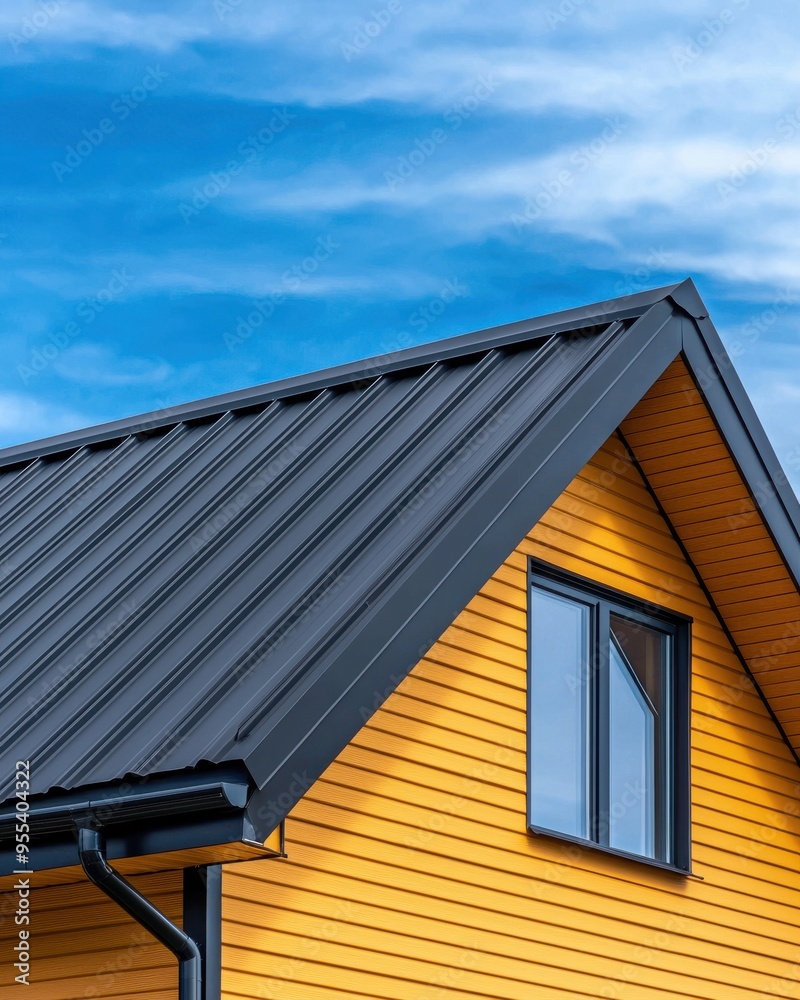 Vibrant yellow house with a modern metal roof under a clear blue sky, showcasing contemporary architecture and design. Vibrant yellow house with a modern metal roof under a clear blue sky, showcasing contemporary architecture and design.
