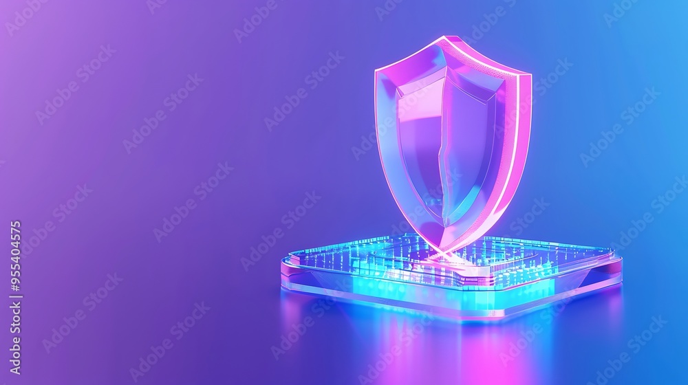Digital shield icon on a glowing platform, representing cyber security protection with a futuristic and abstract background. Digital shield icon on a glowing platform, representing cyber security protection with a futuristic and abstract background.