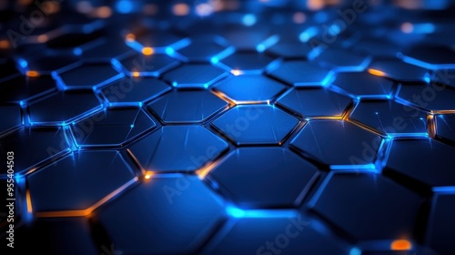 Intricate hexagonal patterns illuminate with blue and orange highlights, creating a captivating futuristic ambiance