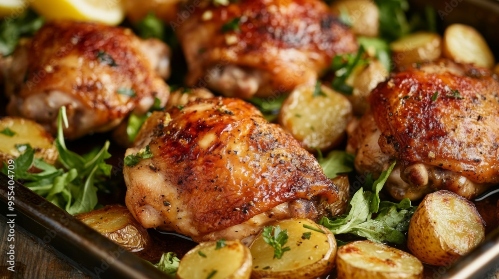 A tray of tender chicken thighs roasted with lemon, garlic, and herbs, served with roasted potatoes and a side salad, a simple yet elegant meal. A tray of tender chicken thighs roasted with lemon, garlic, and herbs, served with roasted potatoes and a side salad, a simple yet elegant meal.