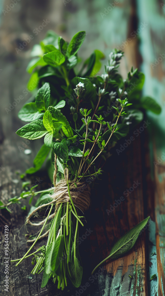 Obraz premium Bundle of Fresh Herbs Tied with Twine on Rustic Wooden Surface