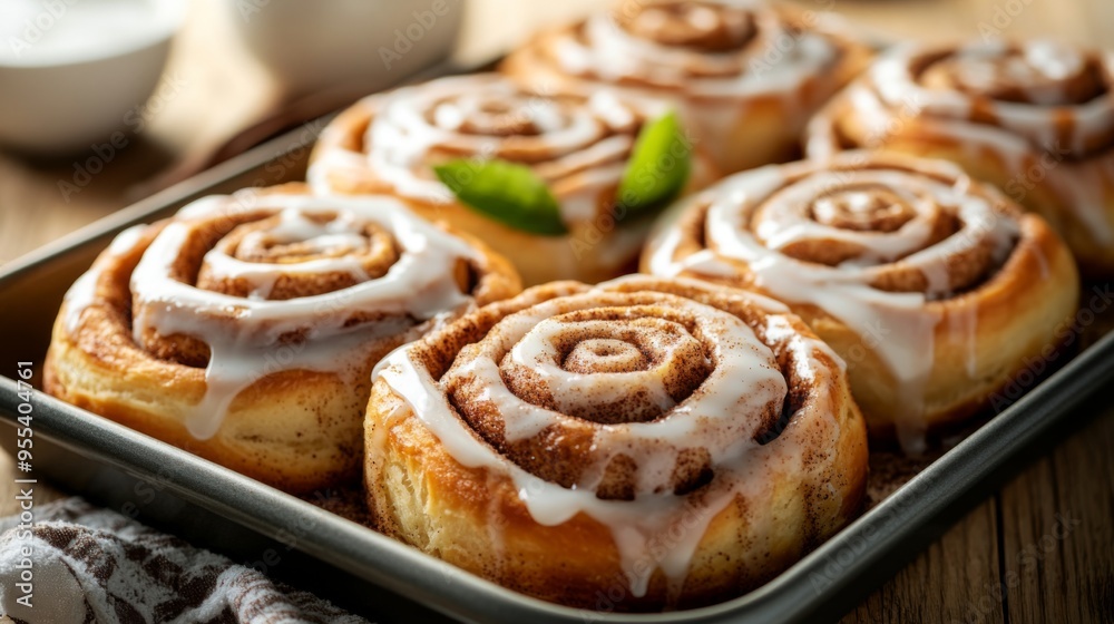 A tray of warm cinnamon rolls straight out of the oven, swirled with cinnamon sugar and topped with a creamy glaze, a comforting treat. A tray of warm cinnamon rolls straight out of the oven, swirled with cinnamon sugar and topped with a creamy glaze, a comforting treat.