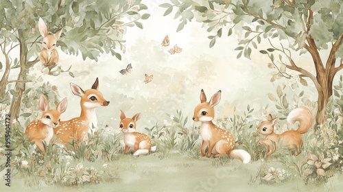 Fototapeta Naklejka Na Ścianę i Meble -  Bring the magic of the forest into your child's room with this enchanting wallpaper mural. Featuring adorable animals like deer, foxes, and bunnies frolicking amidst lush greenery