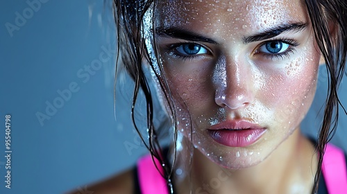 A detailed close-up of a female athlete’s brow furrowed in concentration, with sweat beads forming, natural light highlighting the texture and lines, photo