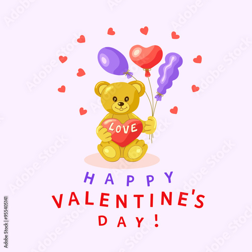 A light brown teddy bear with a heart and colorful balls of different shapes and the inscription 