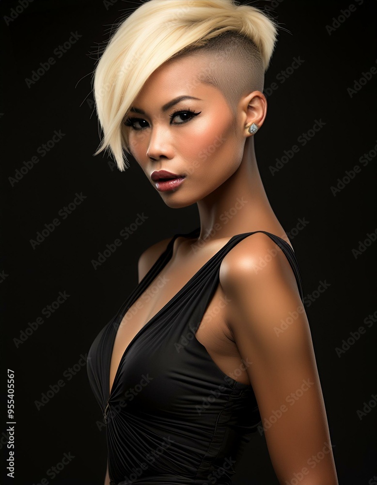 Fototapeta premium studio portrait of a blonde woman with short hair wearing a black dress with nude shoulders on black background, fashion photography