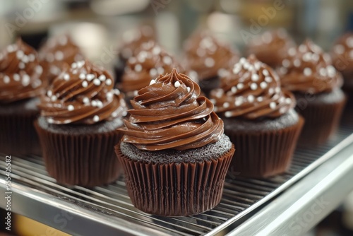 Chocolate cupcakes with glossy chocolate frosting and cherry topping on display in a bakery.