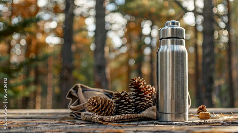 Stainless steel thermos on wooden table in forest setting, autumn scene. Outdoor adventure and nature concept