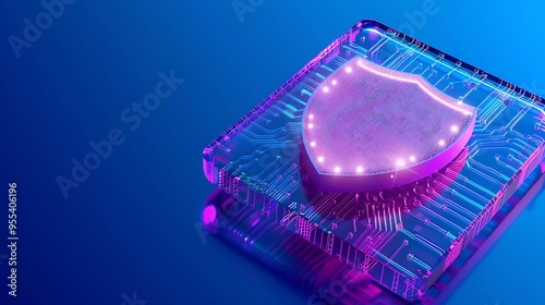 Digital shield over a microchip, symbolizing cybersecurity and data protection, glowing in neon lights on a blue background.