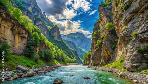 A unique perspective looking up at the gorge of the Jylgy su river in Kabardino-Balkaria, North Caucasus photo