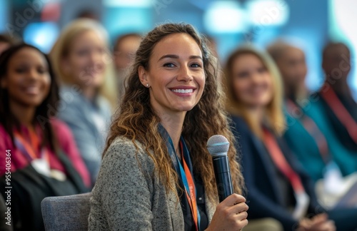 A diverse audience listens to a woman speaking on marketing at a business conference photo