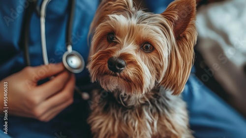 A vet using a stethoscope to listen to a small dog's heartbeat, with the dog sitting patiently and looking up trustingly. photo