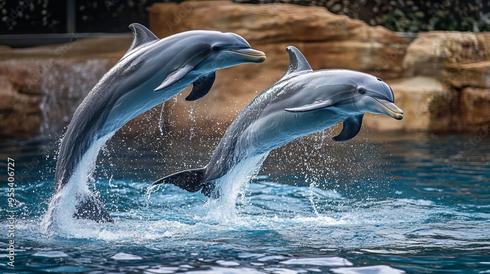 Obraz premium Dolphins, marine mammals renowned for their intelligence, exhibit playful and amiable behavior. Their sleek bodies, smooth skin, and distinctive curved dorsal fin complement their gray coloration. 