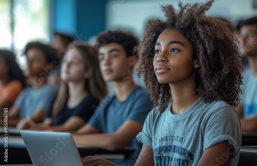 A diverse group of students attentively taking notes on laptops during a classroom lecture