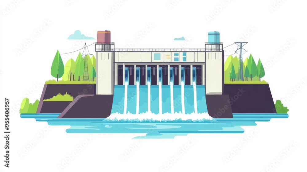 A diagram of a hydroelectric power plant, showing the dam, turbine ...