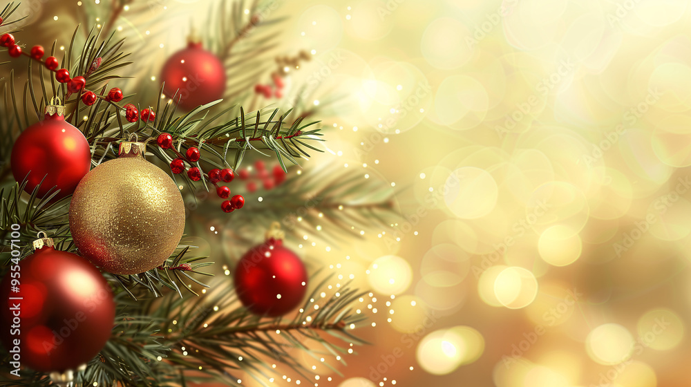 Obraz premium Christmas and New Year seasonal template background design with copy space for social media post. Close up of pine tree with ornament decorations on gold bokeh background.