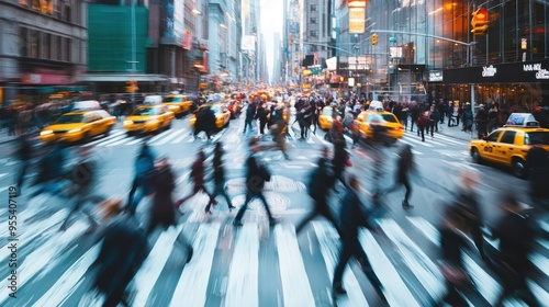 Blurred busy New York City street scene with people crossing an intersection.