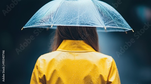 A person wearing a bright yellow raincoat and holding a semi-transparent umbrella is seen from behind, walking down a rainy street, embodying resilience and introspection. photo